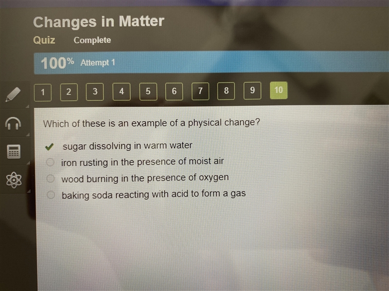 Which of these is an example of a physical change? A)sugar dissolving in warm water-example-1