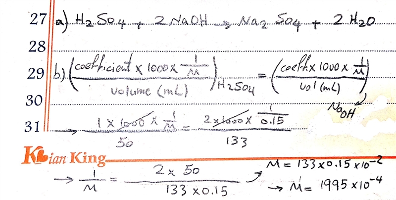 A 50.0 mL sample of sulfuric acid was neutralized with 133.0 mL of a 0.150 M NaOH-example-1