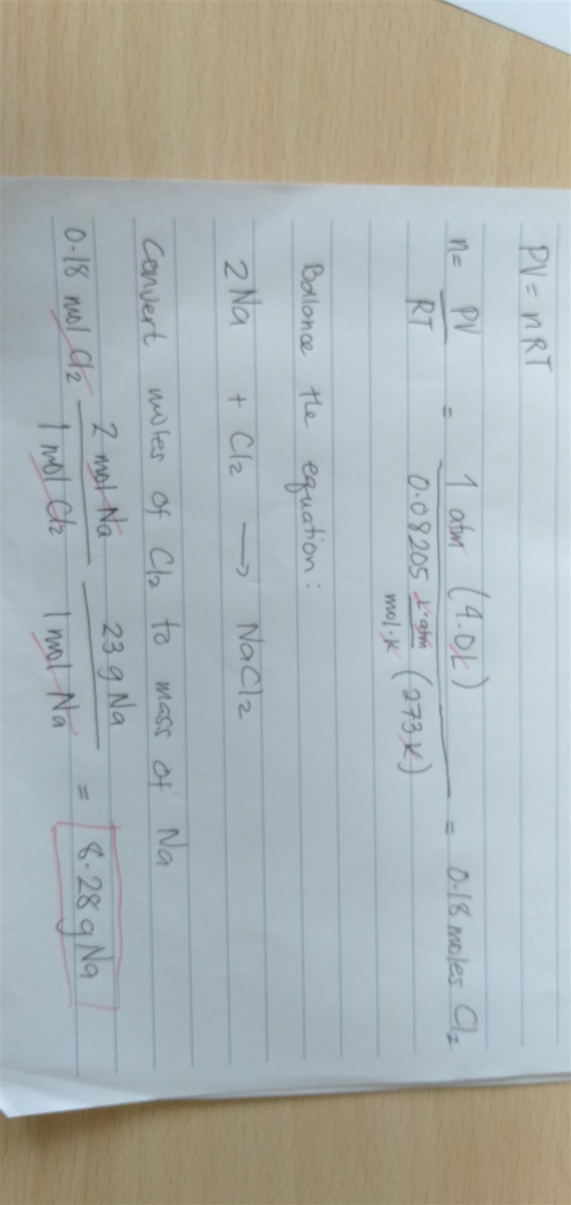 Calculate the mass of solid sodium that's needed to fully react with 4.0 L of chlorine-example-1