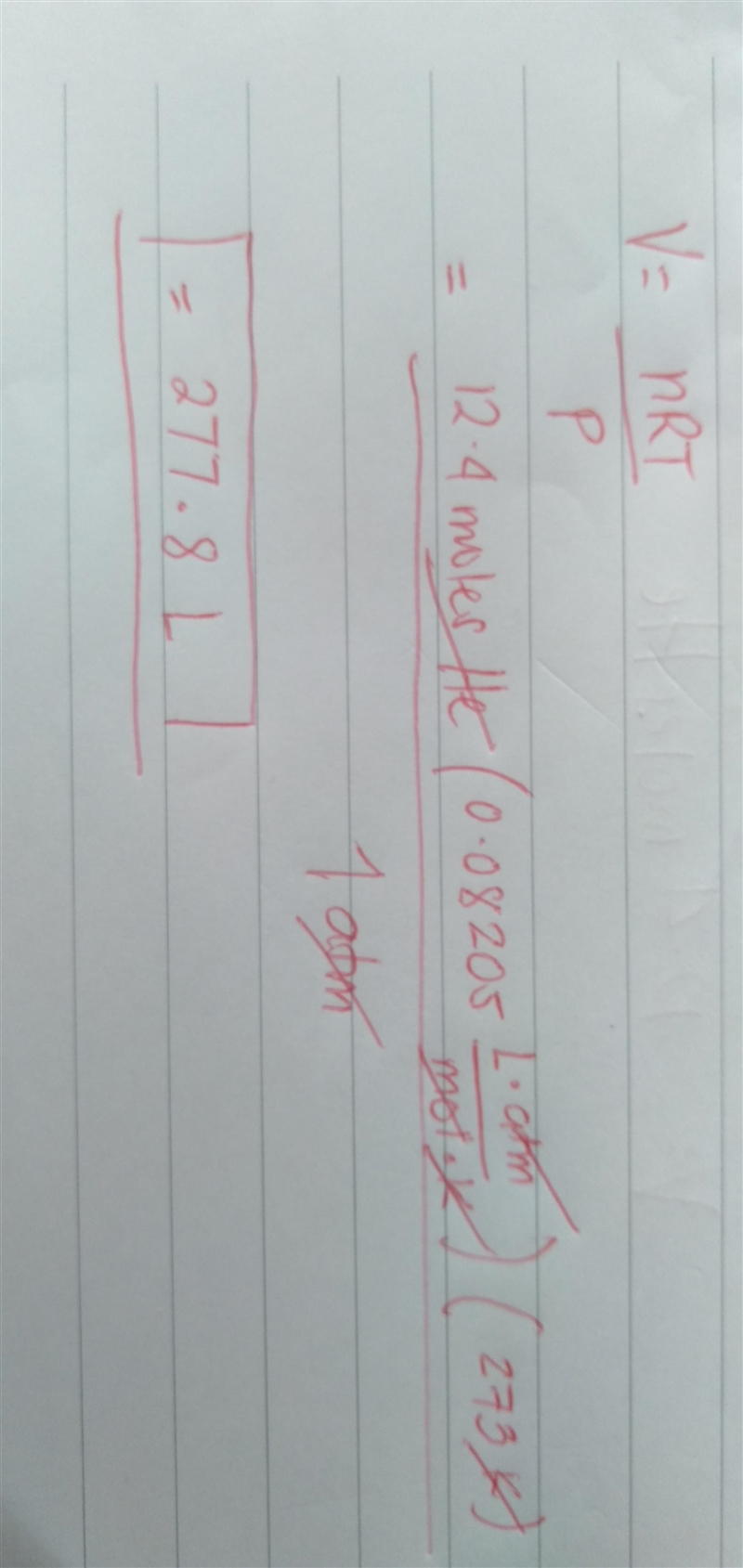 What volume would be occupied by 12.4 moles of helium gas at STP-example-1