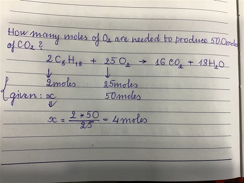 How many moles of O2 are needed to produce 50.0 moles of CO2? 2 C8H18 + 25 O2 --&gt-example-1