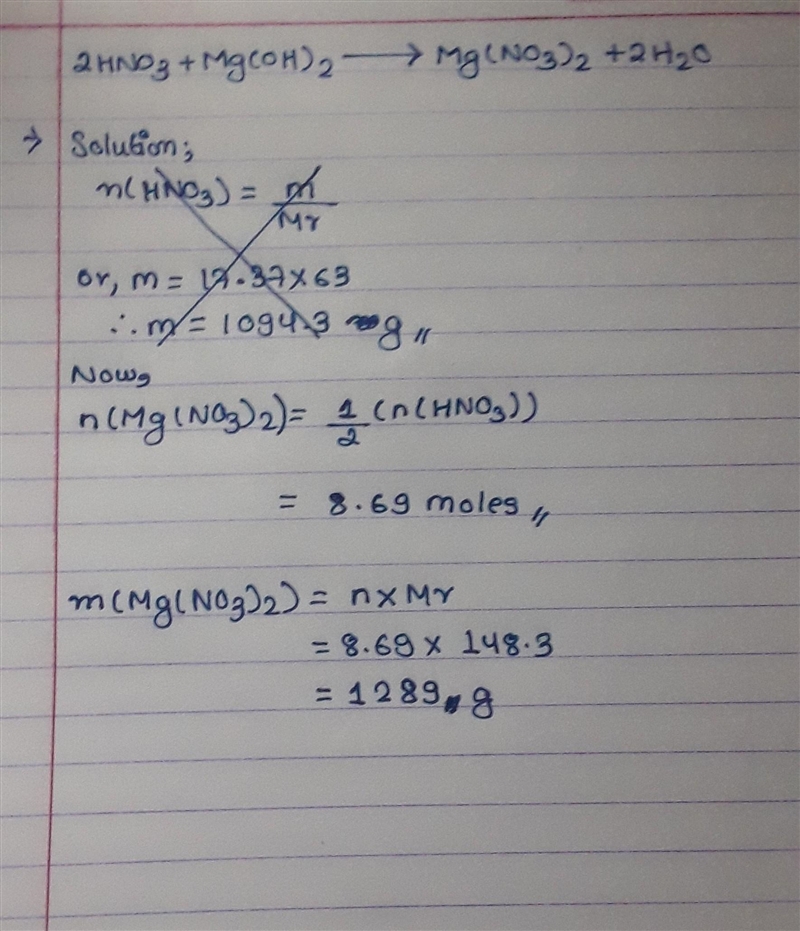 For the reaction 2HNO3 + Mg(OH)2 + Mg(NO3)2 + 2H20, how many grams of magnesium nitrate-example-1