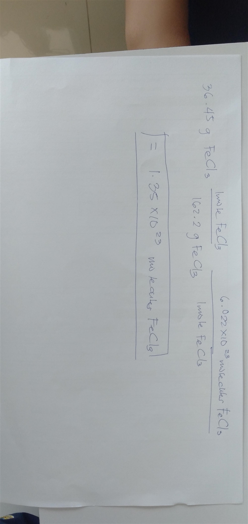 A sample of FeCl3 has a mass of 36.45.How many molecules would that be?-example-1