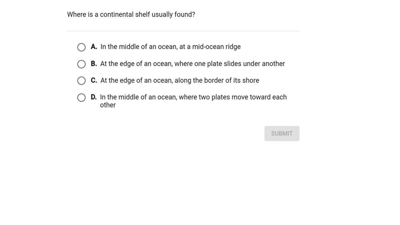 Where is a continental shelf usually found this is science-example-1