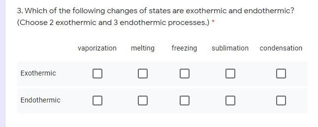 Which of the following changes of states are exothermic and endothermic? (Choose 2 exothermic-example-1