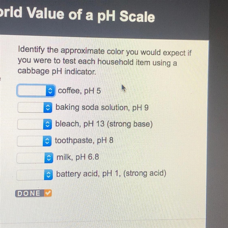 Identify the approximate color you would expect if you were to test each household-example-1