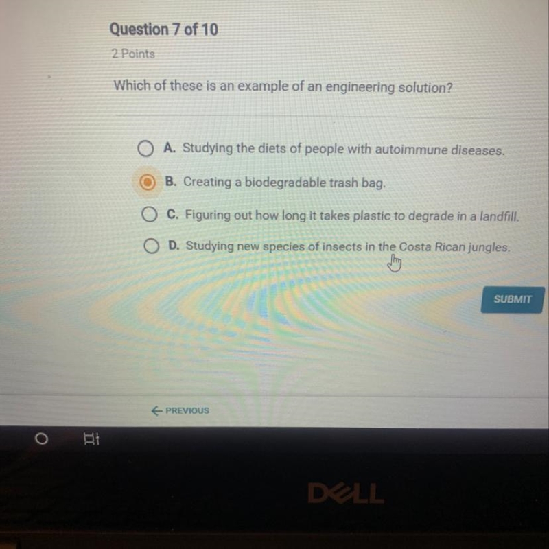 Which of these is an example of an engineering solution? O A. Studying the diets of-example-1