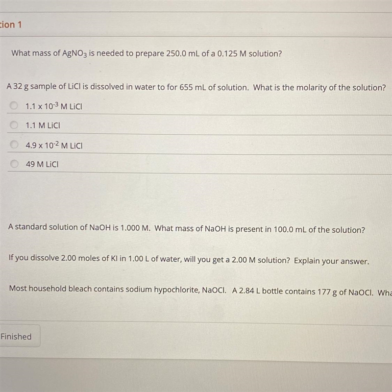 A 32 g sample of LiCl is dissolved in water to for 655 mL of solution. What is the-example-1