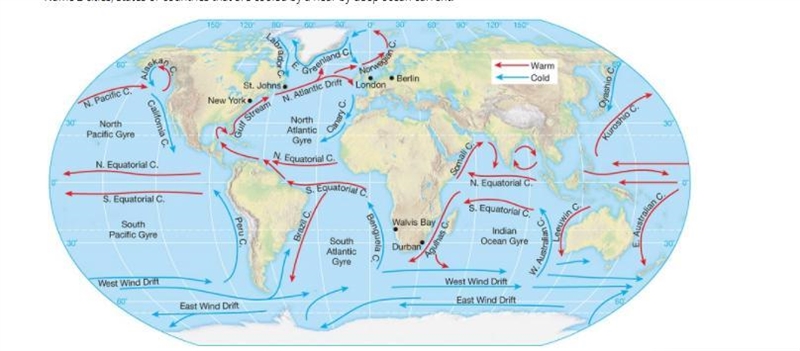 Name 2 cities, states, or countries that are cooled by a near by deep ocean current-example-1