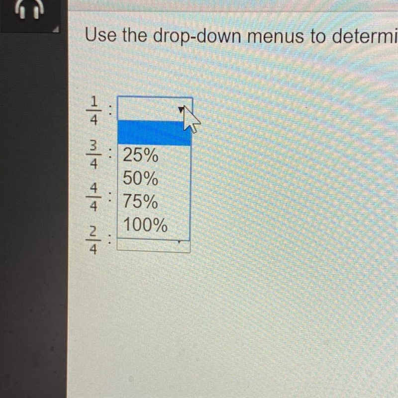 Use the drop-down menus to determine which percentage is equal to each fraction.-example-1