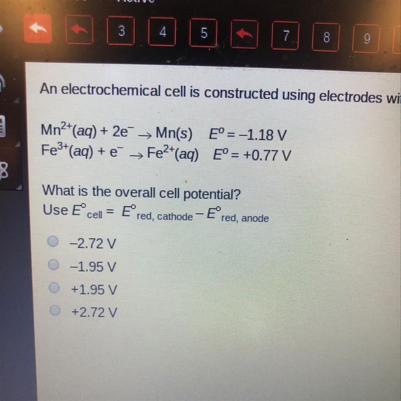 An electrochemical cell is constructed using electrodes with the following half-cell-example-1