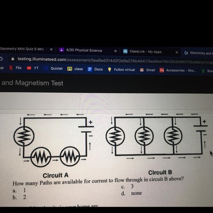 How many paths are available for current to flow through in circuit b above?-example-1