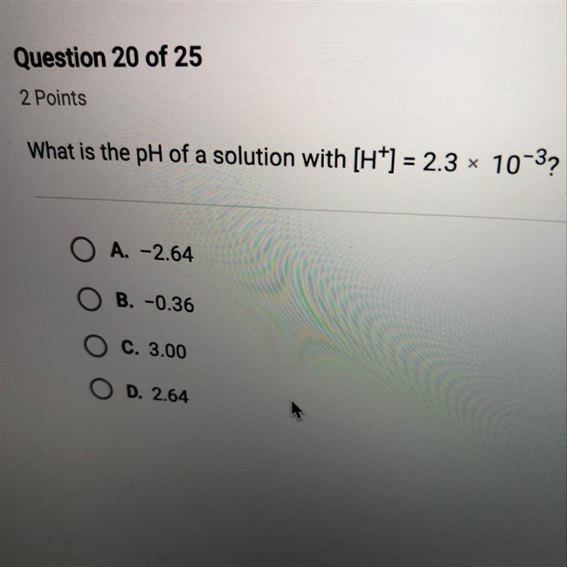 What is the pH of a solution with [H^ + ]=2.3*10^ -3-example-1