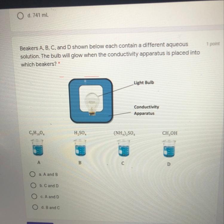 Beakers A, B, C, and D shown below each contain a different aqueous solution. The-example-1