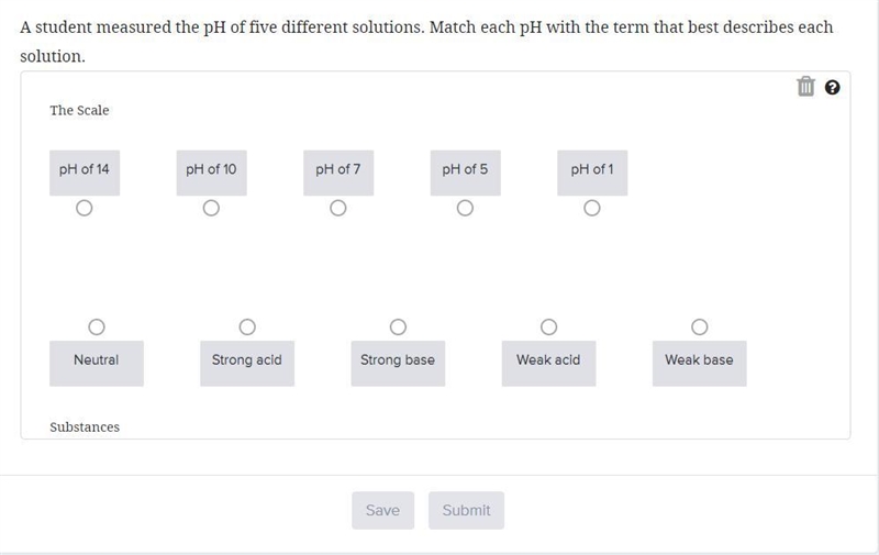 A student measured the pH of five different solutions. Match each pH with the term-example-1