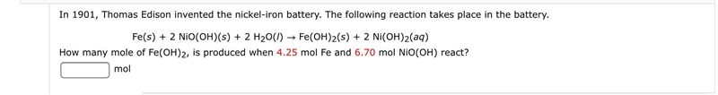 In 1901, Thomas Edison invented the nickel-iron battery. The following reaction takes-example-1