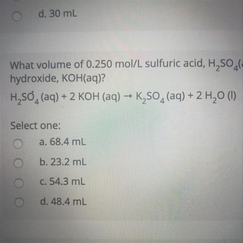 What volume of 0.250 mol/L sulfuric acid, H2SO4(aq) is needed to react completely-example-1