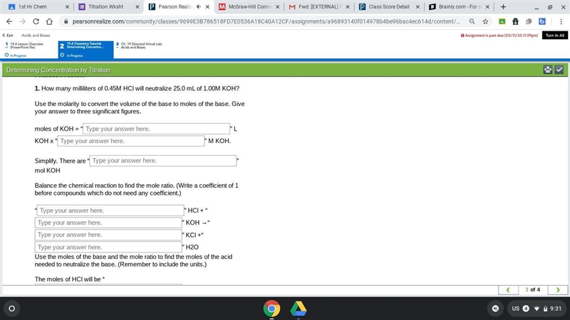 1. How many milliliters of 0.45M HCl will neutralize 25.0 mL of 1.00M KOH? Use the-example-1