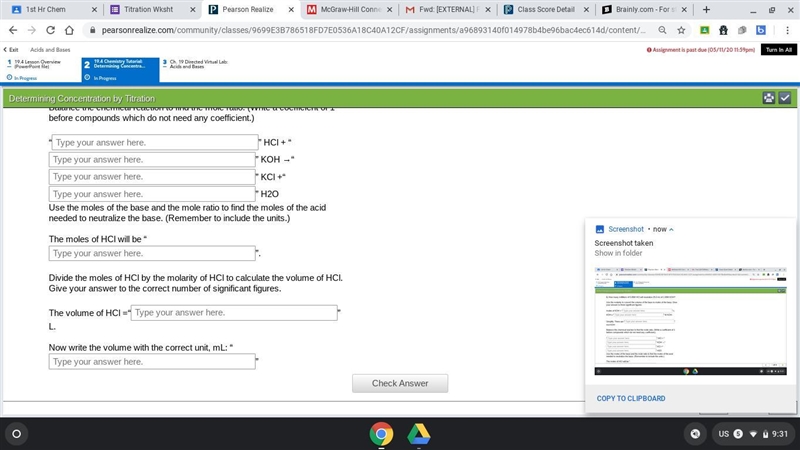 1. How many milliliters of 0.45M HCl will neutralize 25.0 mL of 1.00M KOH? Use the-example-2