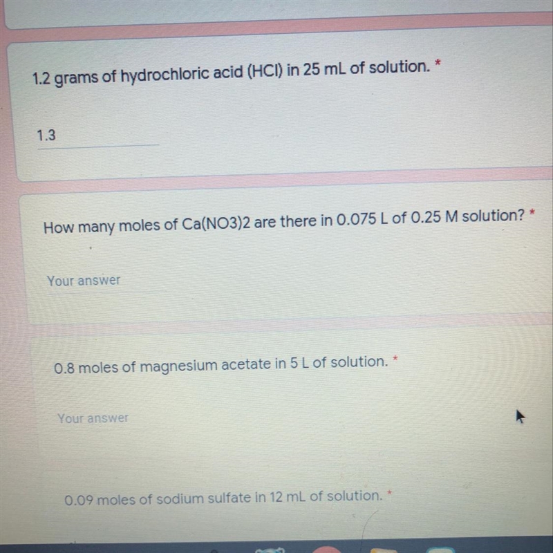 How many moles of Ca(NO3)2 are there in 0.075 L of 0.25 M solution?-example-1