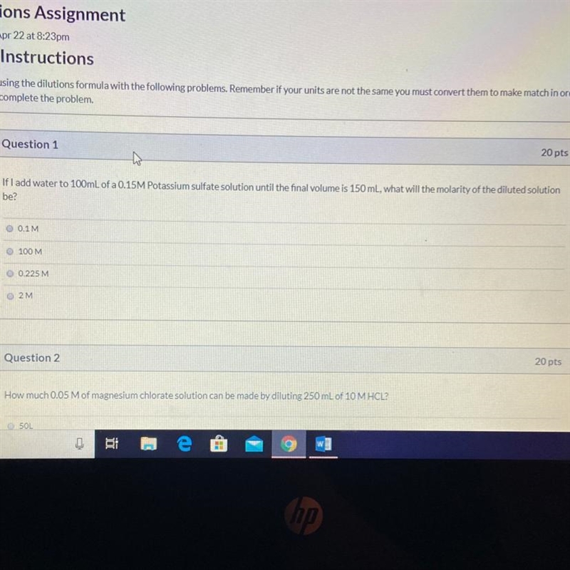 If I add water to 100ml of a 0.15m potassium sulfate until the final volume is 150ml-example-1