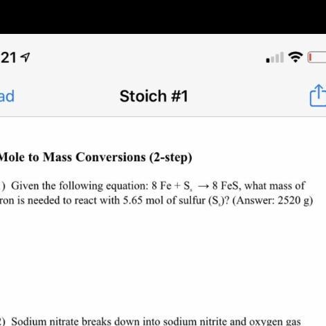 Given the following equation: 8 Fe + S8 —> 8 FeS what mass of iron is needed to-example-1