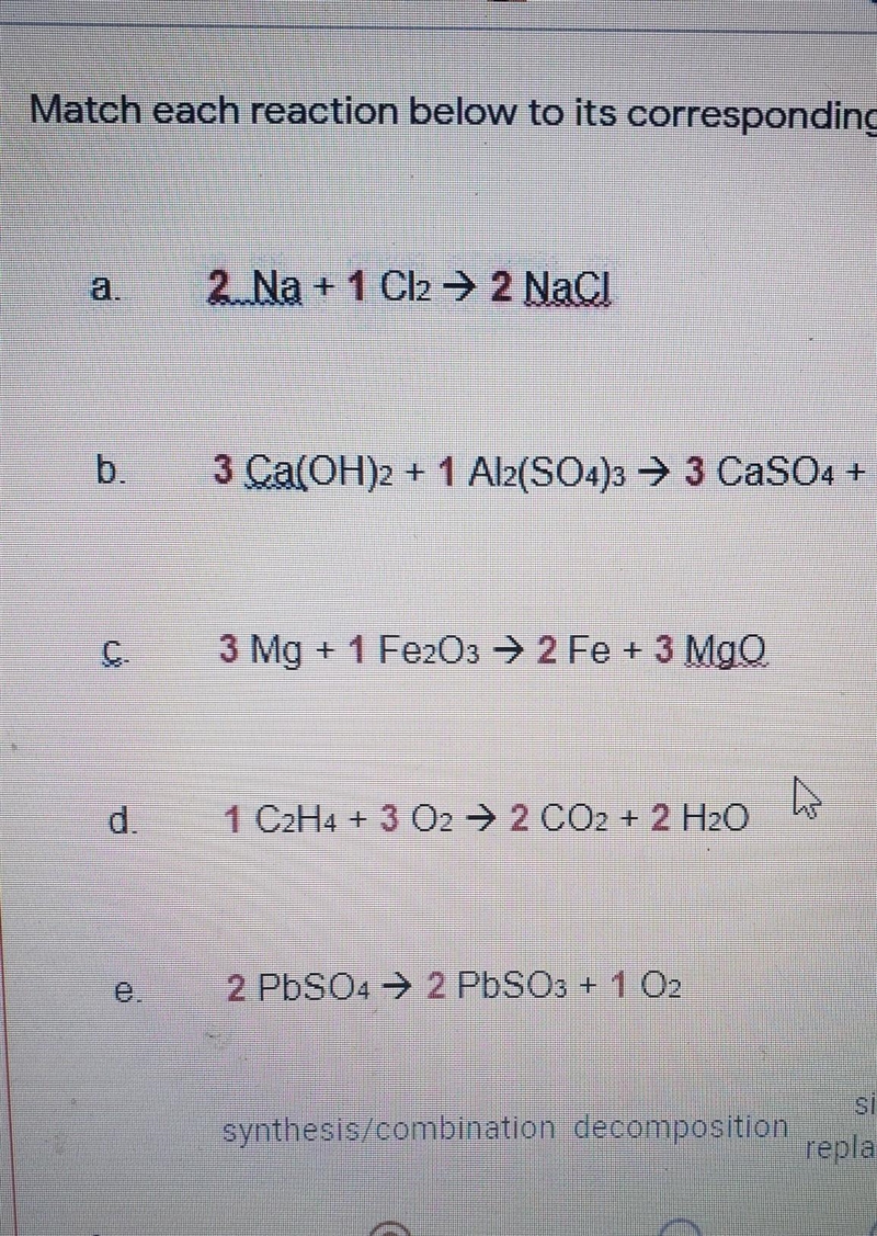 Match each reaction to its correspond type Synthesis/ Combustion decomposition single-example-1