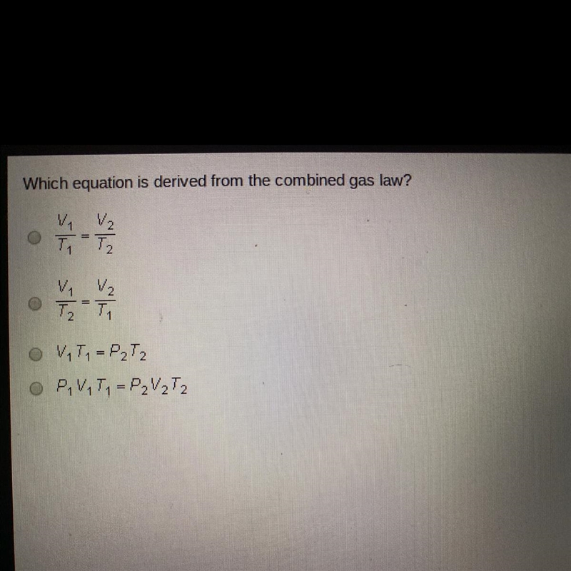 Which equation is derived from the combined gas law? с \r от Т2 г и , ov, T, - Р,т-example-1