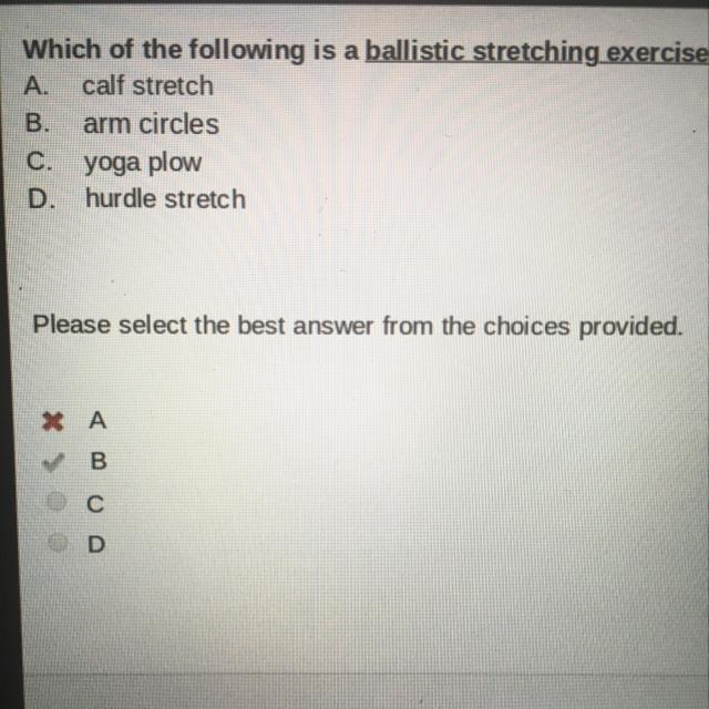 Which of the following is a ballistic stretching exercise? A calf stretch B. arm circles-example-1