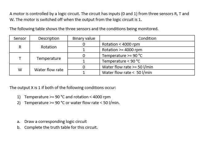 A motor is controlled by a logic circuit. The circuit has inputs (0 or 1) from three-example-1