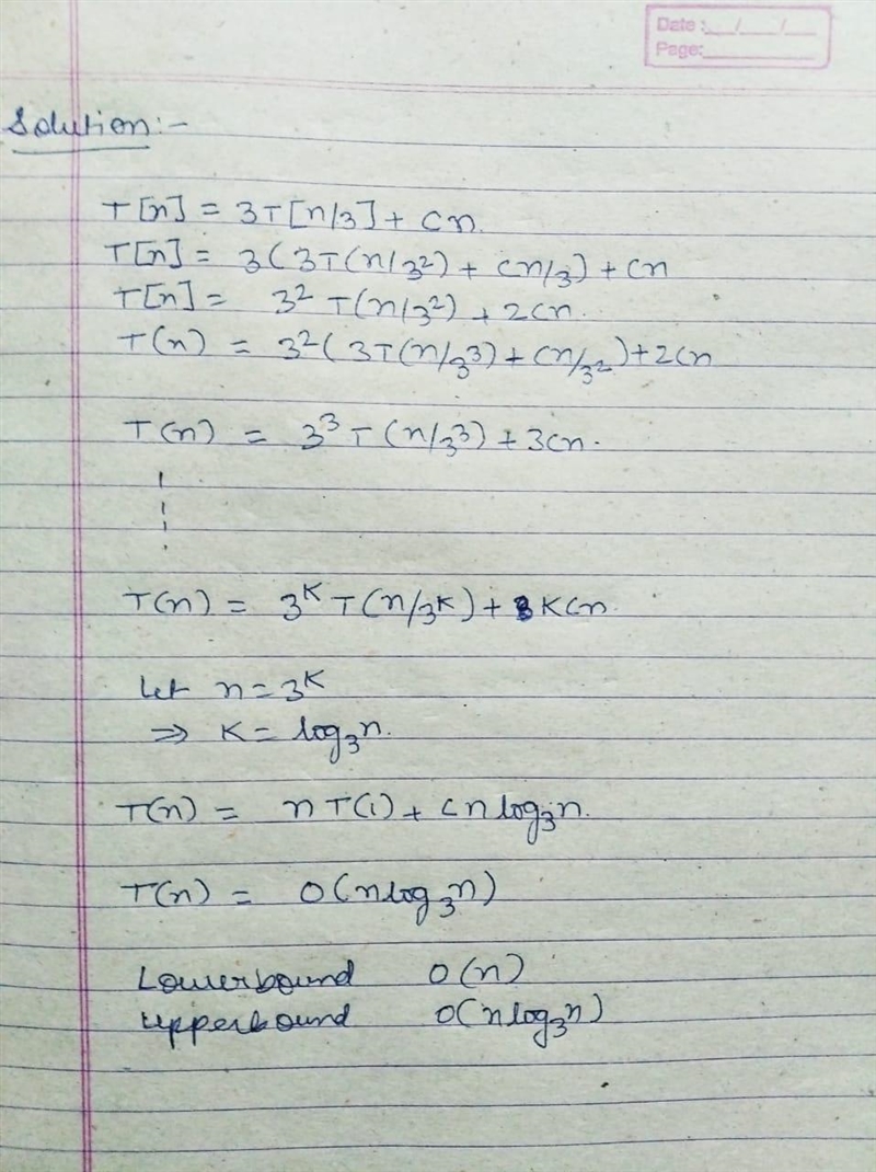 An algorithm processes an array of size n by operating on its first one-third, its-example-1