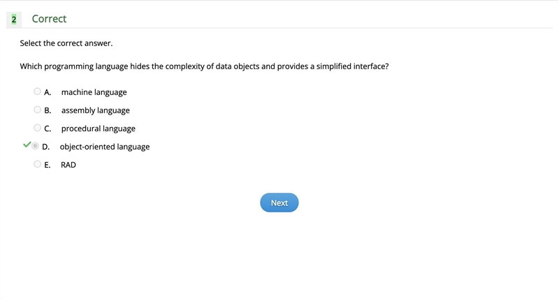 Which programming language hides the complexity of data objects and provides a simplified-example-1