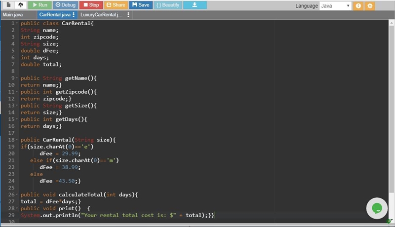 Create a class named CarRental that contains fields that hold a renter's name, zip-example-1