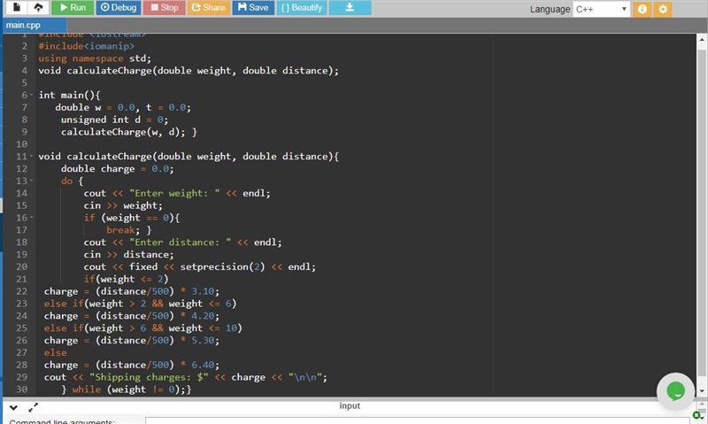 g Write a program that asks for the weight of a package and the distance it is to-example-1