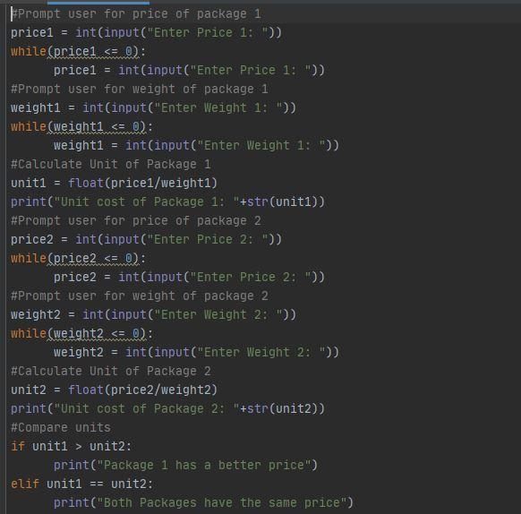 Write a Python program that can compare the unit (perlb) cost of sugar sold in packages-example-1