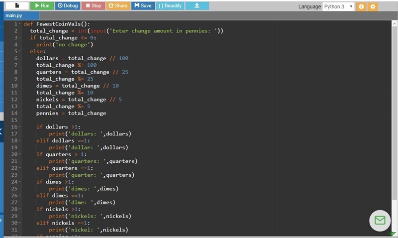 Write a program with total change amount in pennies as an integer input, and output-example-2