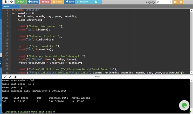 Write a program named as calcPrice.c that formats product information entered by the-example-1