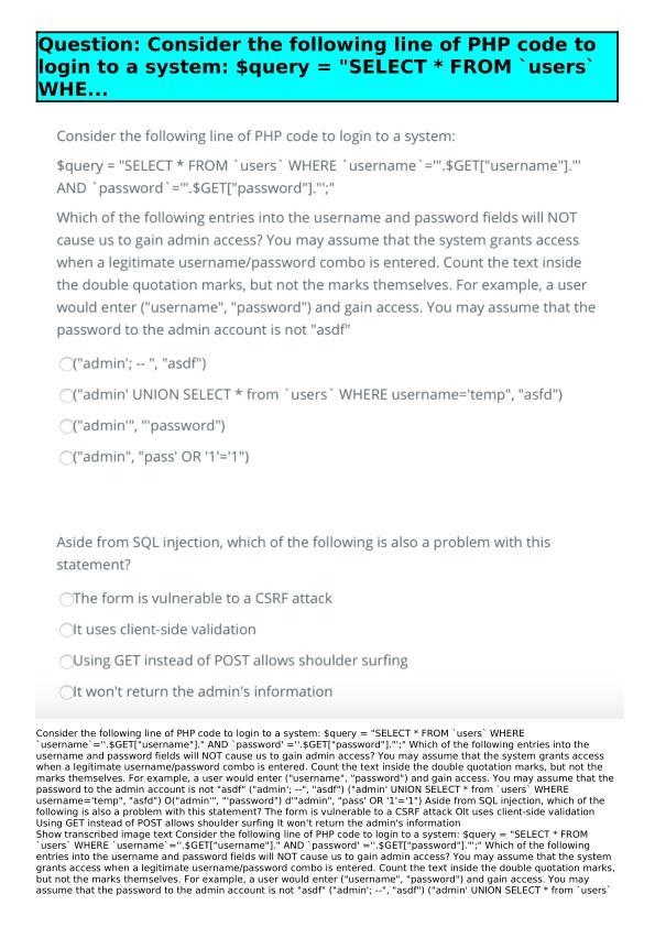 Which of the following entries into the username and password fields will NOT cause-example-2