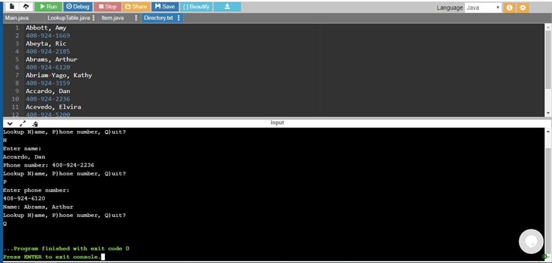 Write a telephone lookup program. Read a data set of 1,000 names and telephone numbers-example-5