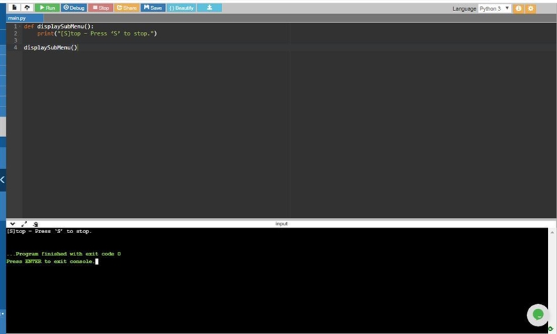 Write the definition of the function displaySubMenu that displays the following menu-example-1