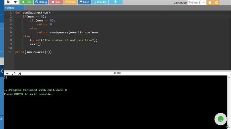 Write a recursive function sumSquares(num) that given an integer num, returns the-example-1