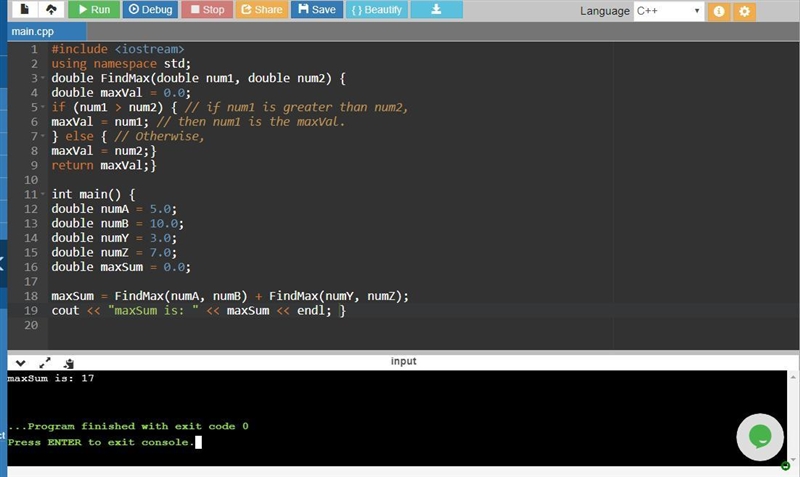 1. Assign to maxSum the max of (numA, numB) PLUS the max of (numY, numZ). Use just-example-3