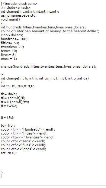 Write a function named change() that has an integer parameter and six integers reference-example-1