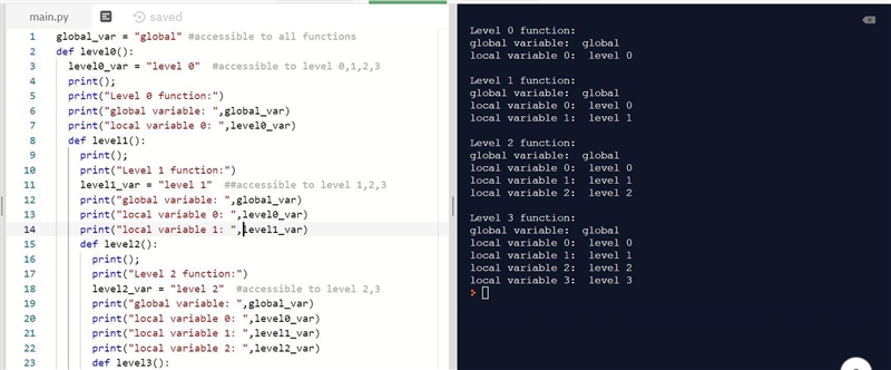 Write a Python program that has subprograms nested four deep and in which each nested-example-1