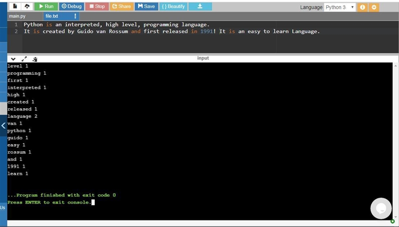 Write a function wordcount() that takes the name of a text file as input and prints-example-1