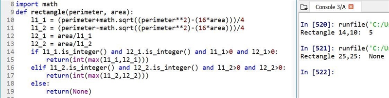 [20 pts] Write the function rectangle(perimeter, area), which takes two positive integers-example-1