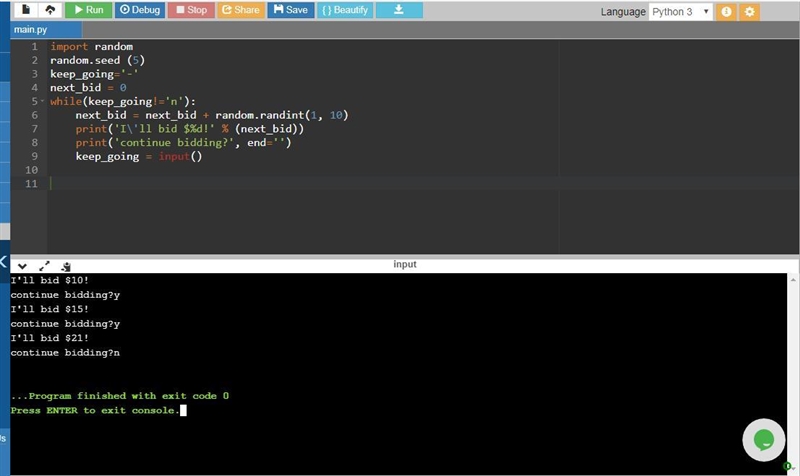 Write an expression that continues to bid until the user enters 'n'. Sample output-example-2