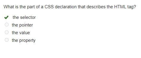 What is the part of a CSS declaration that describes the HTML tag? A.the selector-example-1