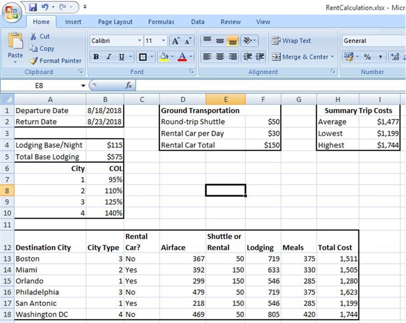 On the Cities worksheet, click cell H13 and enter the function that calculates the-example-1