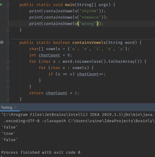 JAVA Write a method that returns true if a String has more than one vowel. public-example-1